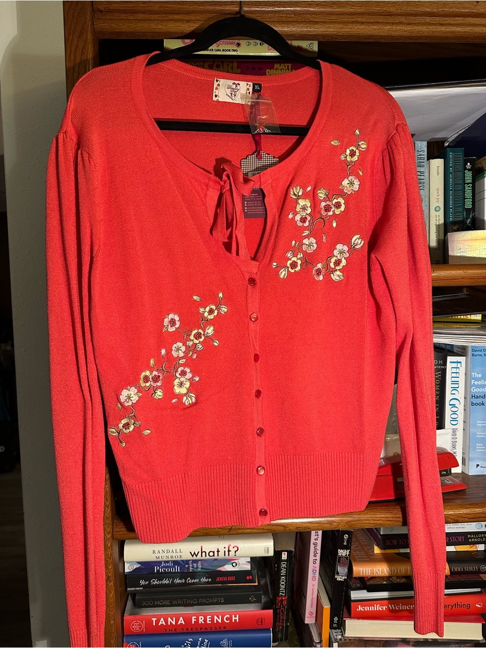 Embroidered Red Button-Front Women’s Sweater with Tie Neck
